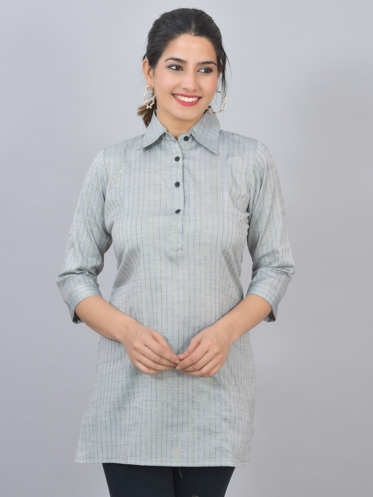 Womens Melange Grey Lurex Striped Spread Collar Short Kurti