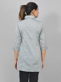 Womens Melange Grey Lurex Striped Spread Collar Short Kurti