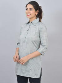 Womens Melange Grey Lurex Striped Spread Collar Short Kurti