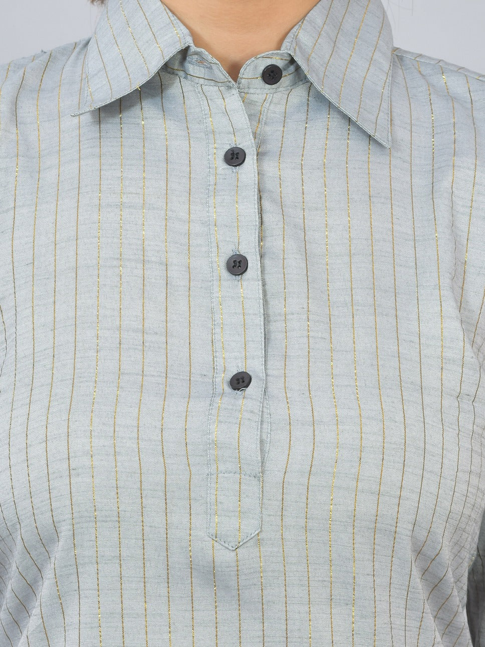 Womens Melange Grey Lurex Striped Spread Collar Short Kurti