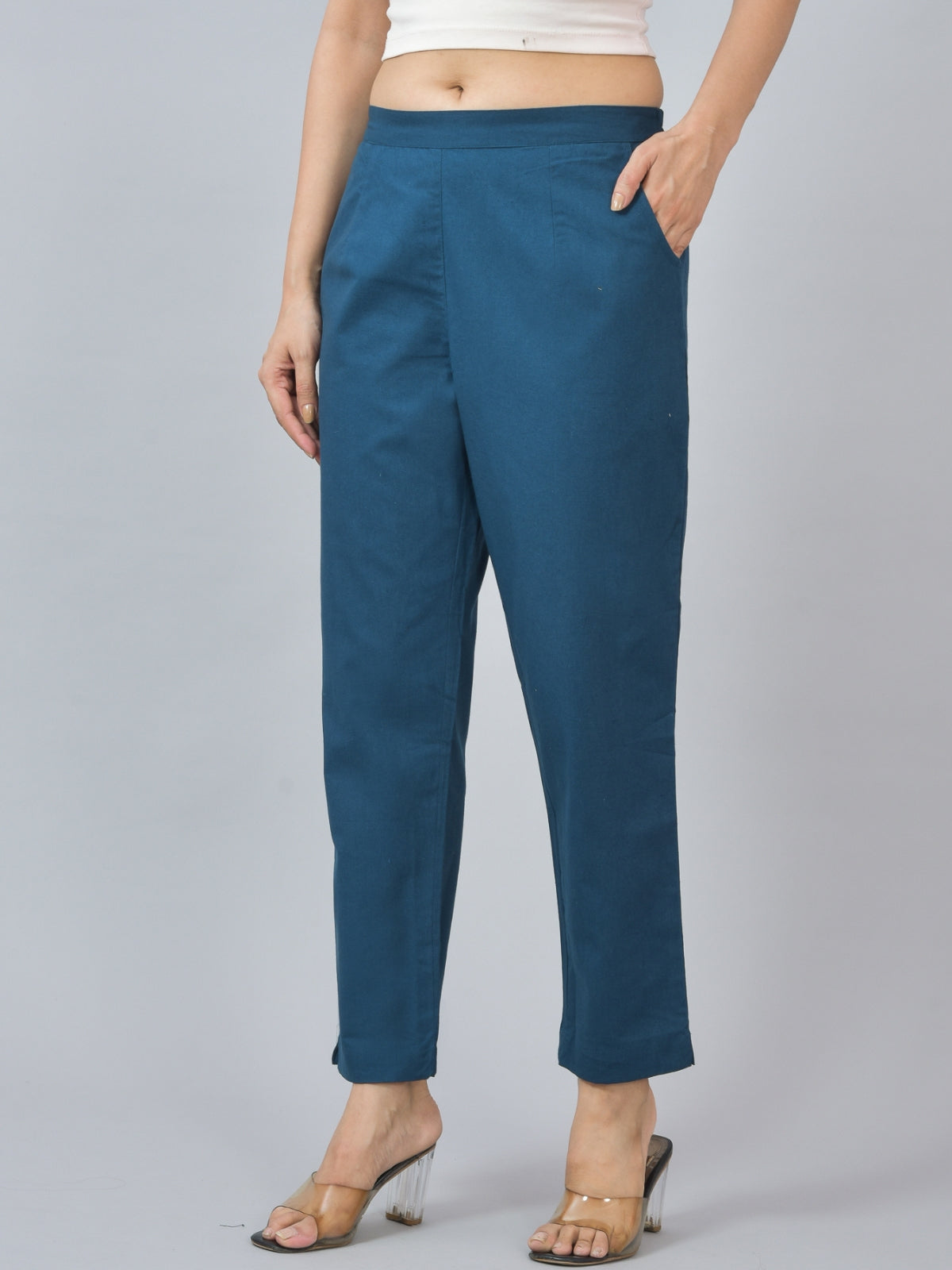 Women Regular Fit Deep Pocket Solid Teal Blue Half Elastic Cotton Pants