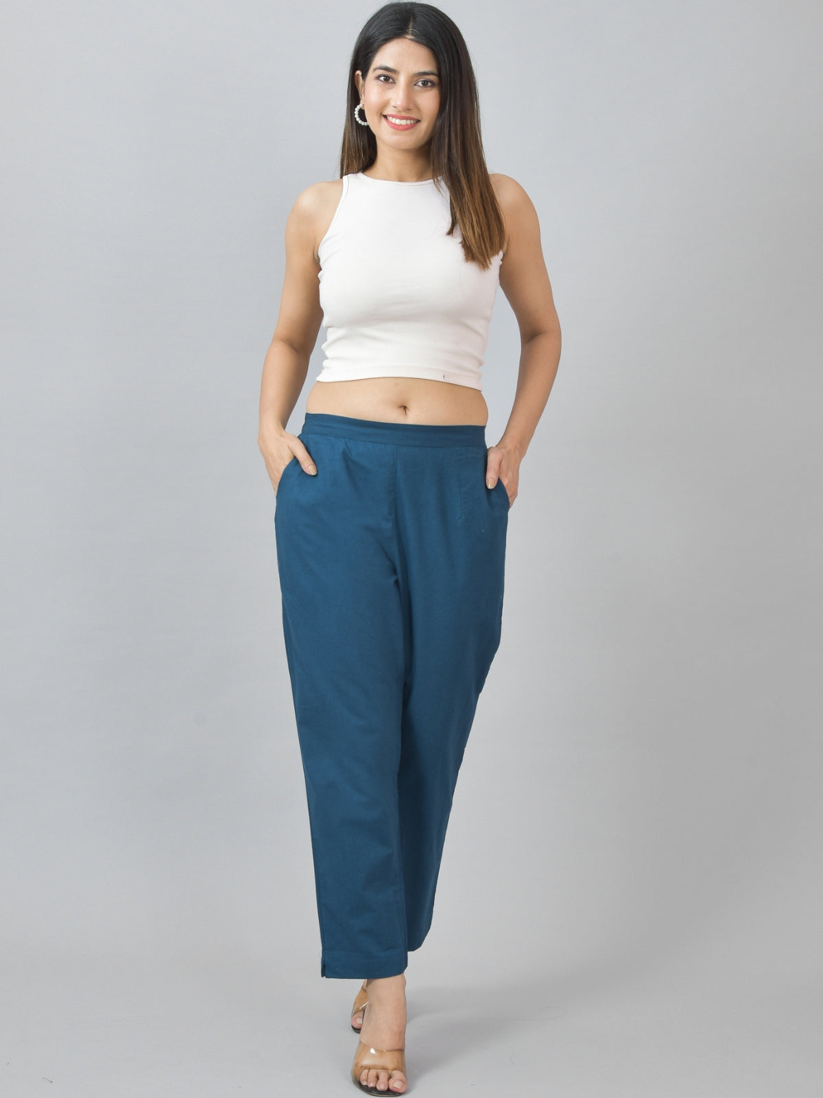 Women Regular Fit Deep Pocket Solid Teal Blue Half Elastic Cotton Pants