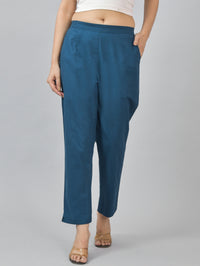 Pack Of 2 Womens Half Elastic Beige And Teal Blue Deep Pocket Cotton Pants