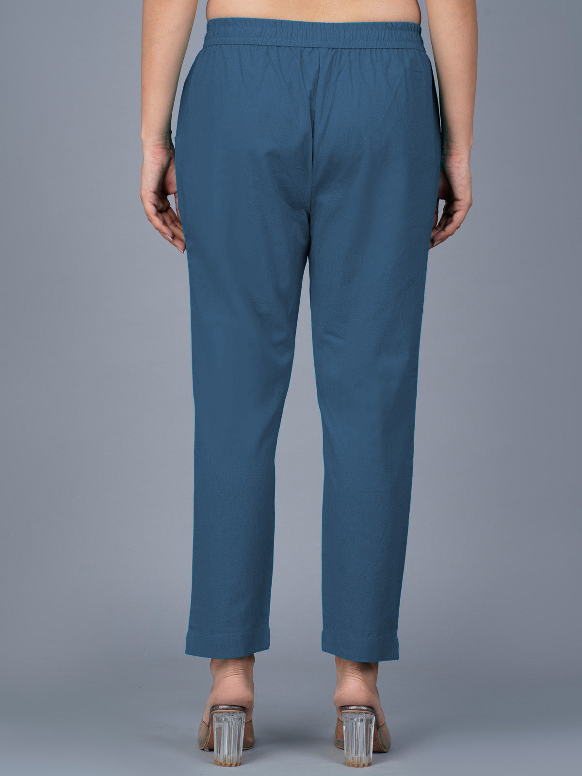Women's Teal-Blue Regular Fit Elastic Cotton Trouser