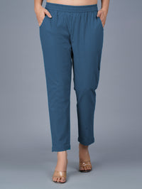 Pack Of 2 Womens Regular Fit Teal Blue And Denim Blue Fully Elastic Waistband Cotton Trouser