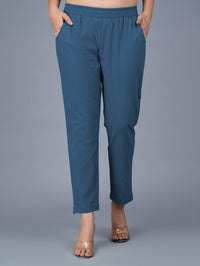 Pack Of 2 Womens Regular Fit Teal Blue And Navy Blue Fully Elastic Waistband Cotton Trouser