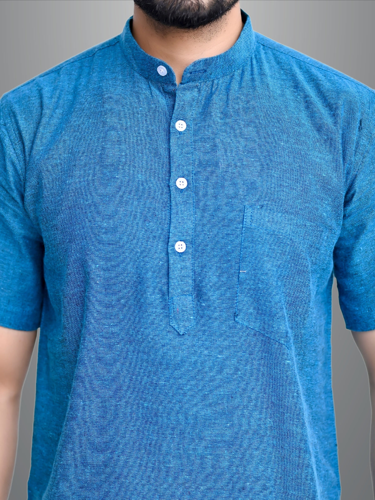 Mens Solid Teal Blue Cotton Blend Short Kurta