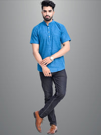 Mens Solid Teal Blue Cotton Blend Short Kurta