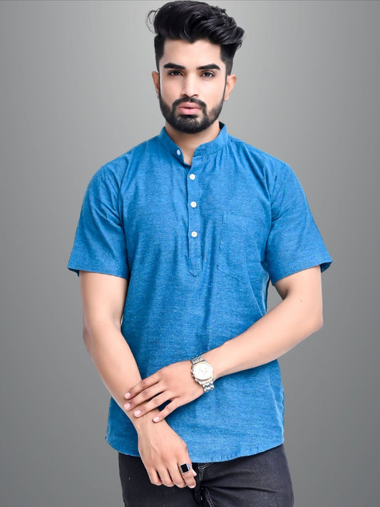 Mens Solid Teal Blue Cotton Blend Short Kurta