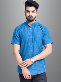 Mens Regular Fit Parrot Green and Teal Blue Half Sleeve Cotton Short Kurta Combo