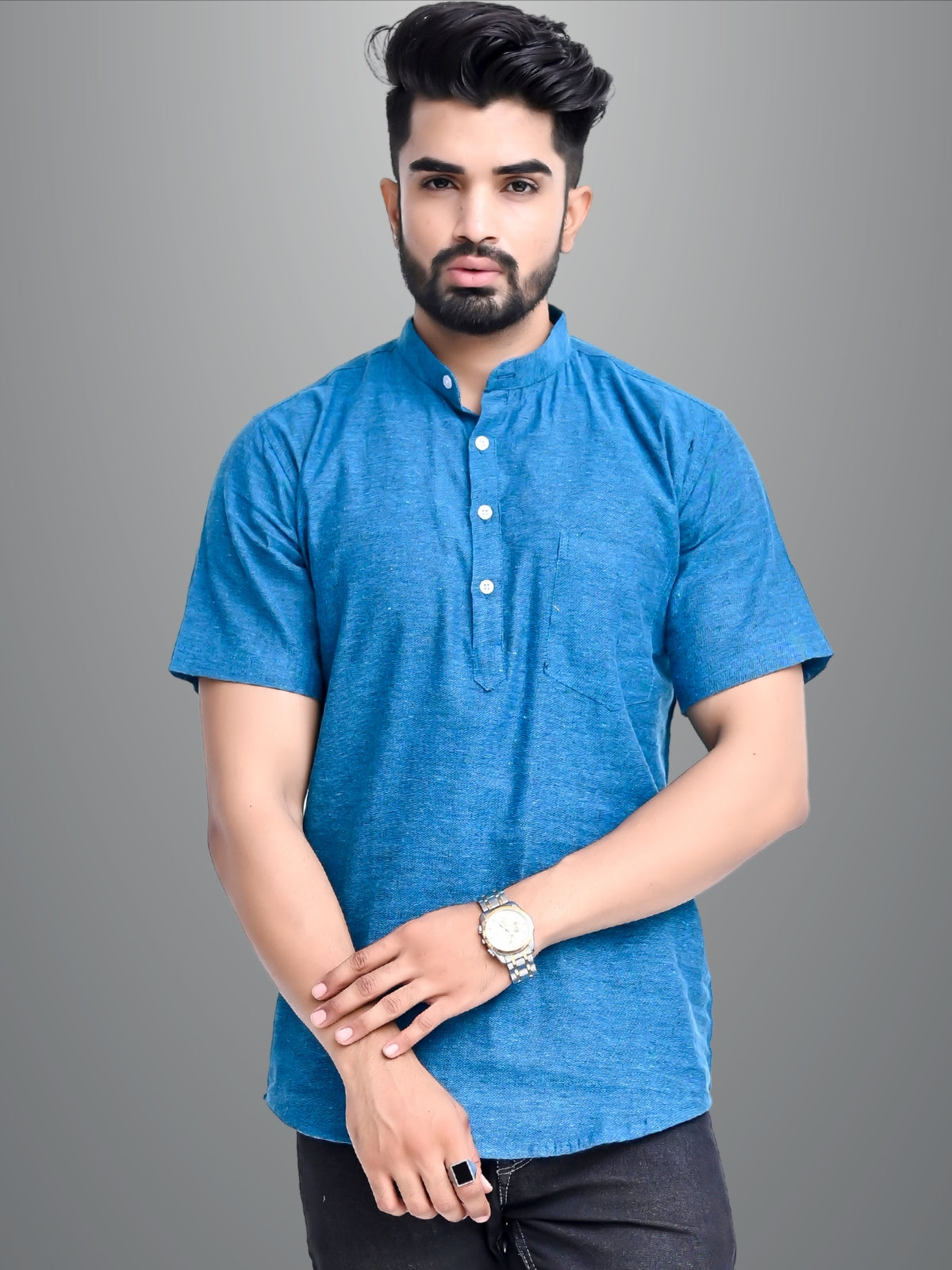 Mens Regular Fit Maroon and Teal Blue Half Sleeve Cotton Short Kurta Combo