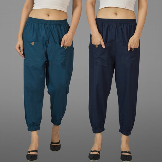Combo Pack Of Womens Teal Blue And Dark Blue Four Pocket Cotton Cargo Pants