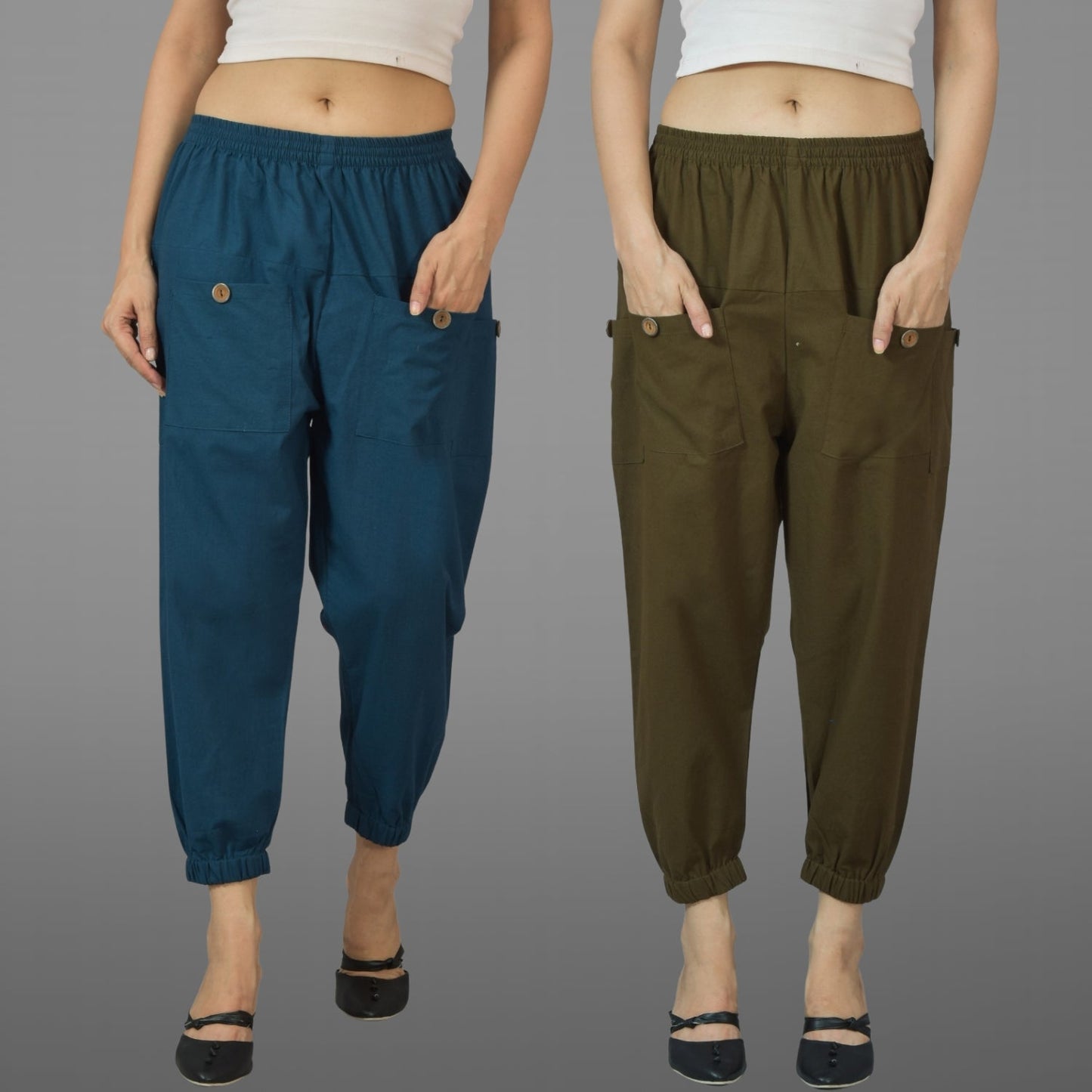 Combo Pack Of Womens Teal Blue And Dark Green Four Pocket Cotton Cargo Pants