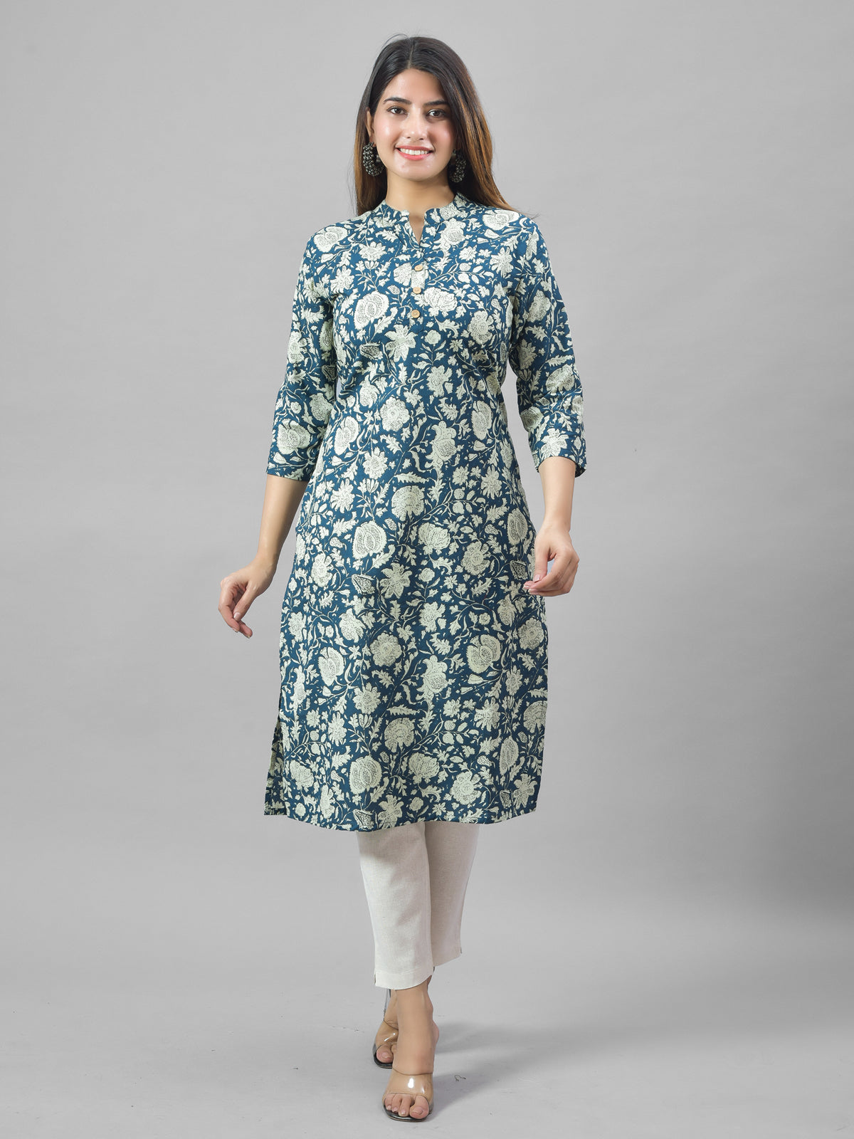 Women Teal Blue  Cambric Cotton Floral Printed Kurti
