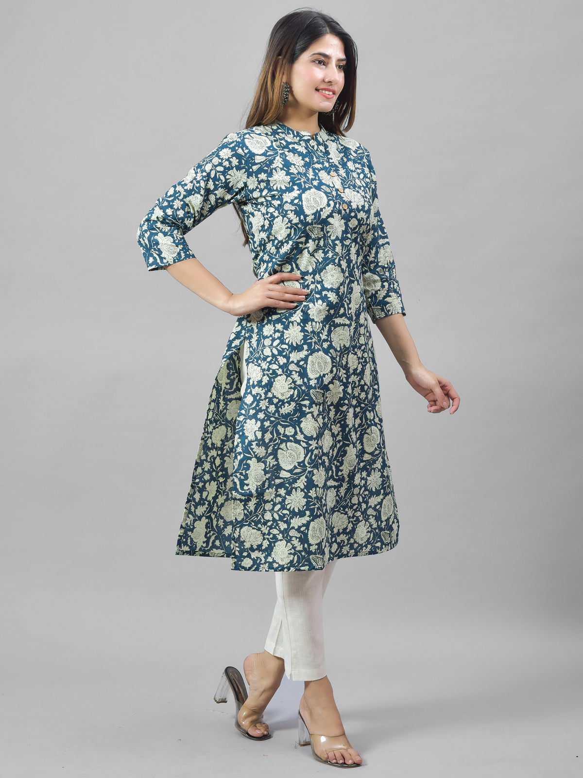 Women Teal Blue  Cambric Cotton Floral Printed Kurti