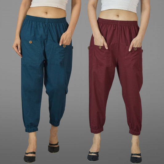 Combo Pack Of Womens Teal Blue And Maroon Four Pocket Cotton Cargo Pants
