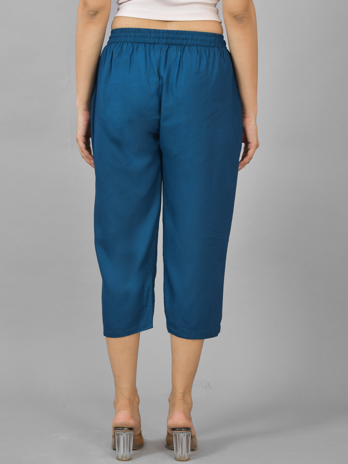 Pack Of 2 Womens Beige And Teal Blue Calf Length Rayon Culottes Trouser Combo