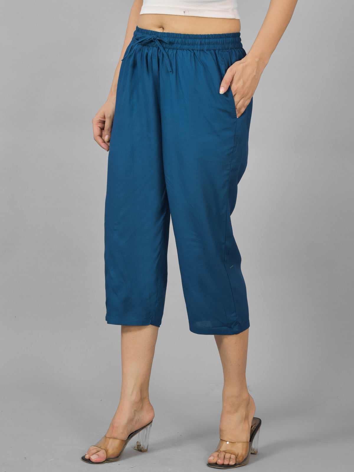 Women Teal Blue Rayon Calf Length Culottes Trouser