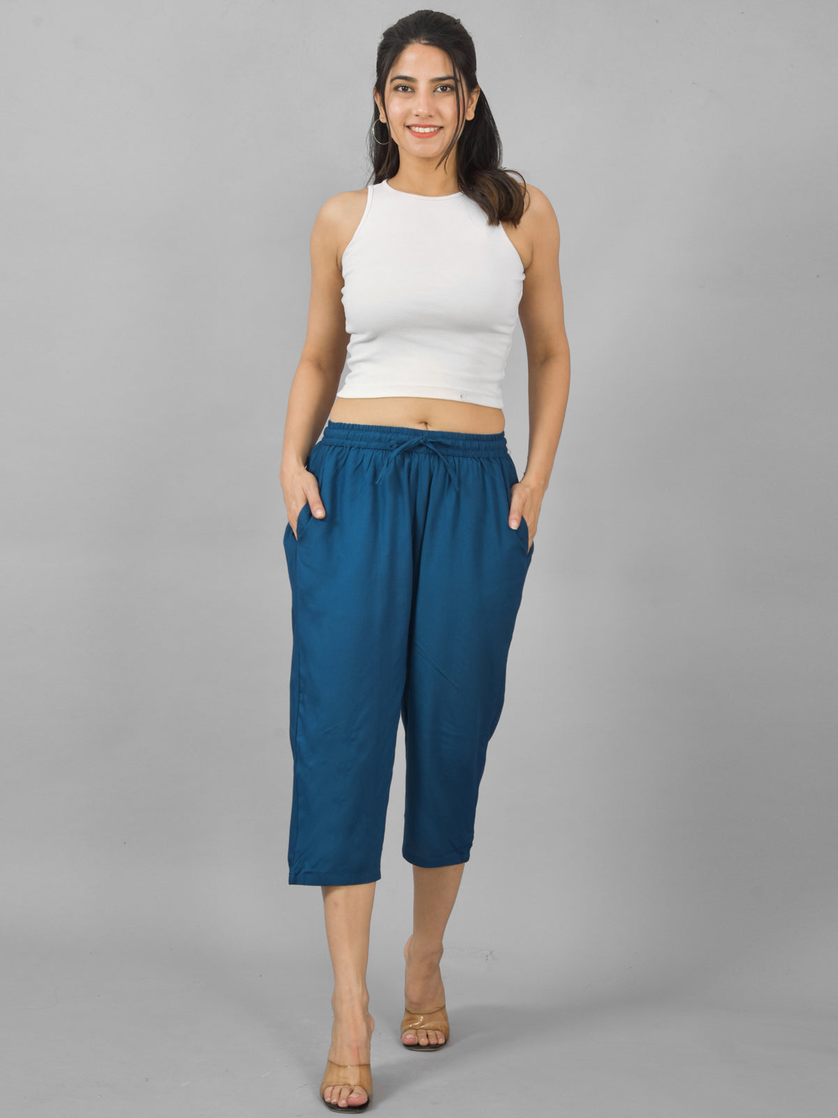 Pack Of 2 Women Teal Blue And Wine Calf Length Rayon Culottes Trouser Combo