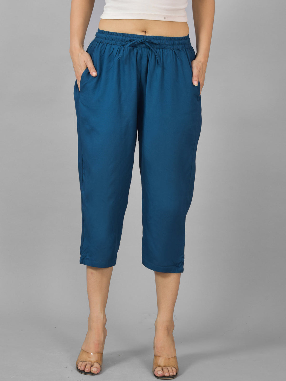 Pack Of 2 Women Teal Blue And White Calf Length Rayon Culottes Trouser Combo