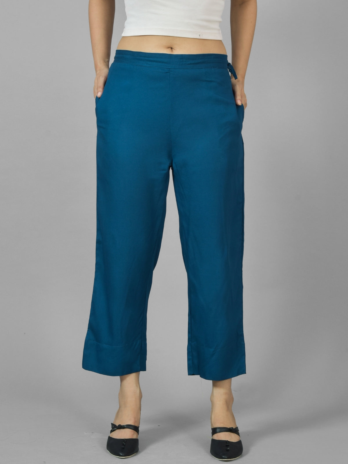 Pack Of 2 Womens Navy Blue And Teal Blue Ankle Length Rayon Culottes Trouser Combo