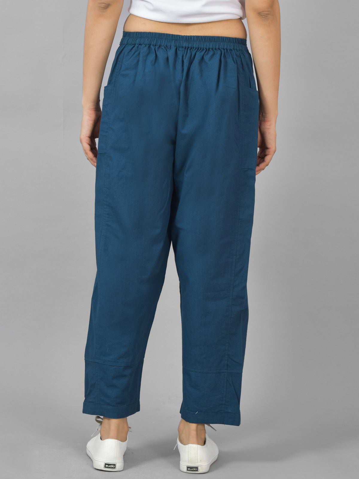 Combo Pack Of Womens Navy Blue And Teal Blue Side Pocket Straight Cargo Pants