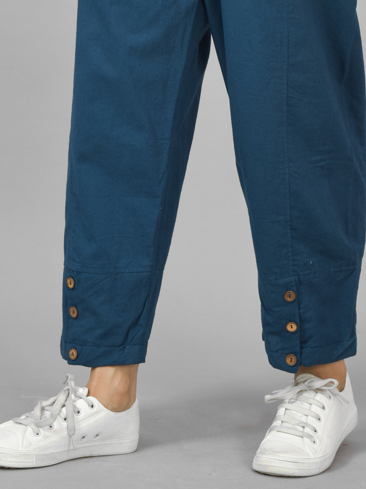 Womens Teal Blue Side Pocket Pure Cotton Straight Cargo Pant