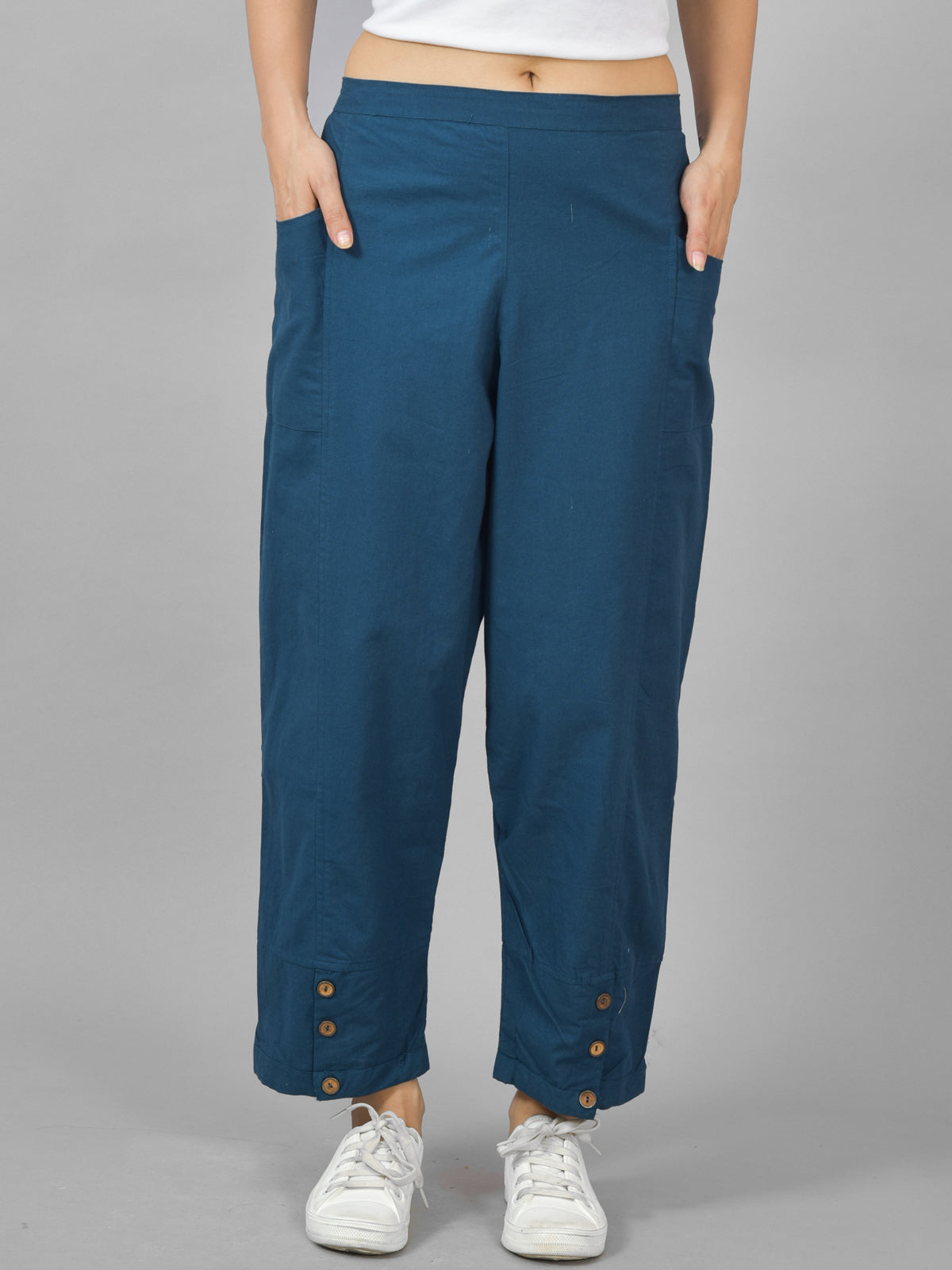 Combo Pack Of Womens Melange Grey And Teal Blue Side Pocket Straight Cargo Pants