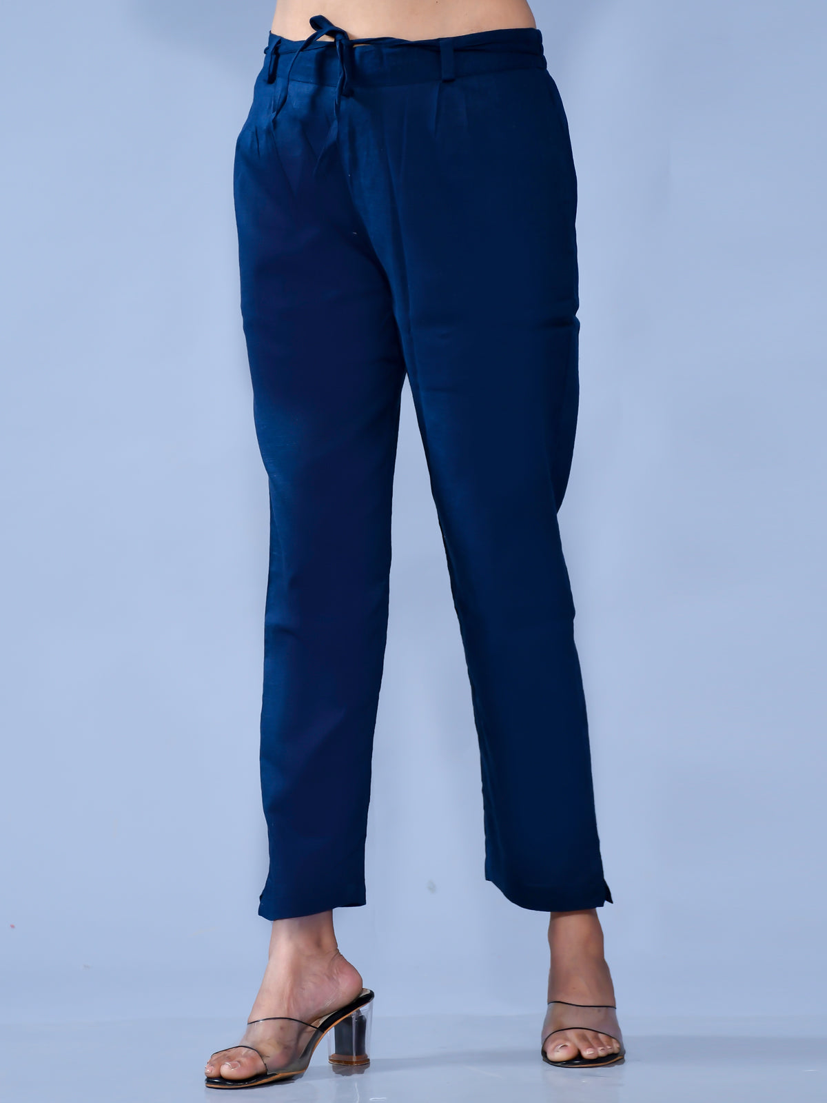 Women Regular Fit Teal Blue Cotton Slub Trouser