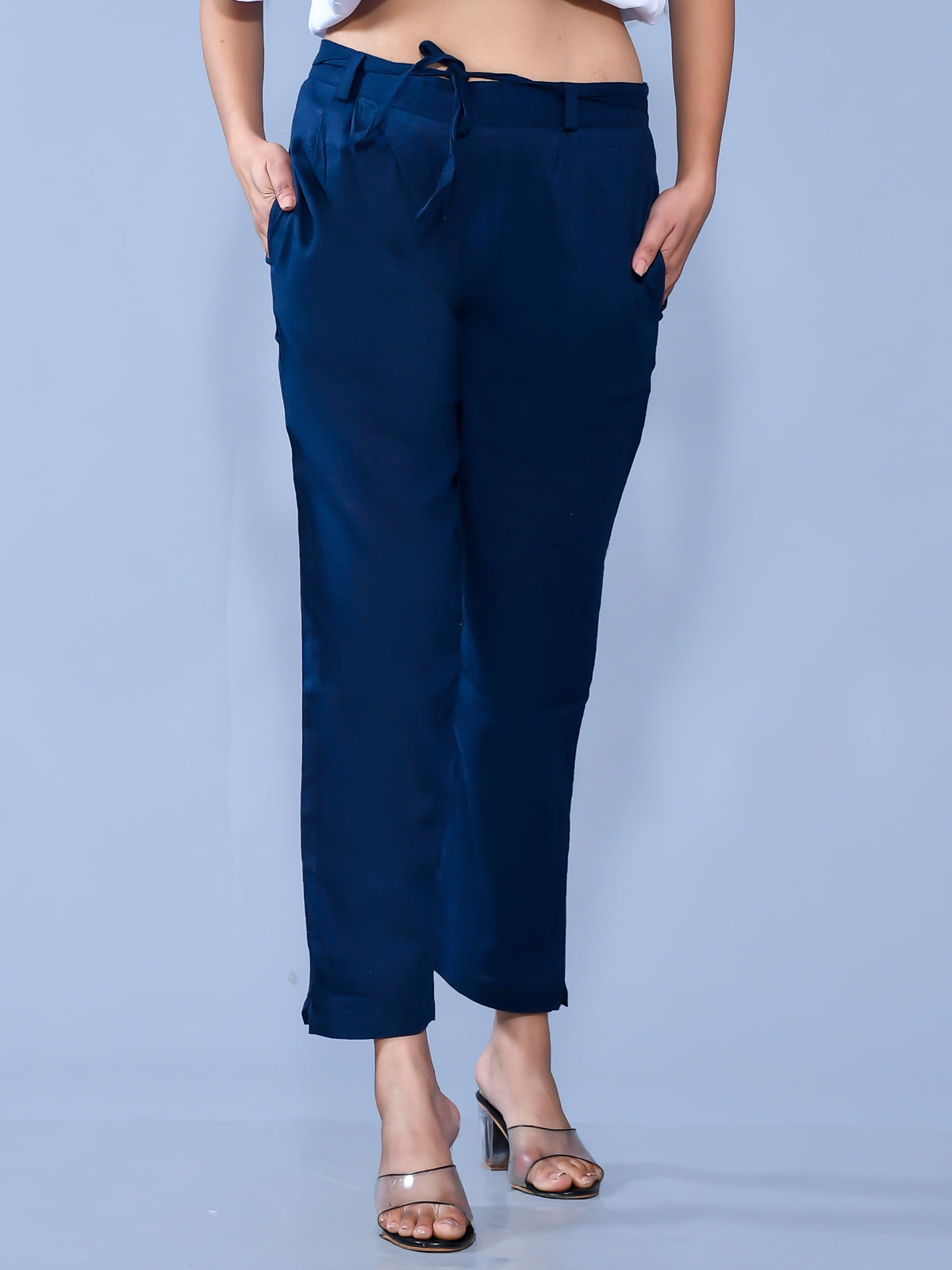 Pack Of 2 Womens Regular Fit Blue And Teal Blue Cotton Slub Belt Pant Combo