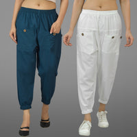 Combo Pack Of Womens Teal Blue And White Four Pocket Cotton Cargo Pants