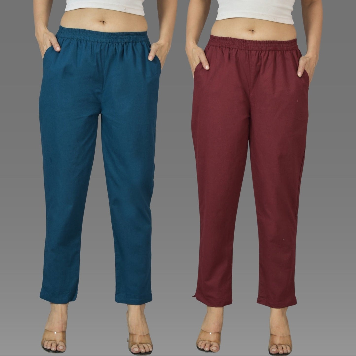Pack Of 2 Womens Teal Blue And Wine Deep Pocket Fully Elastic Cotton Trouser