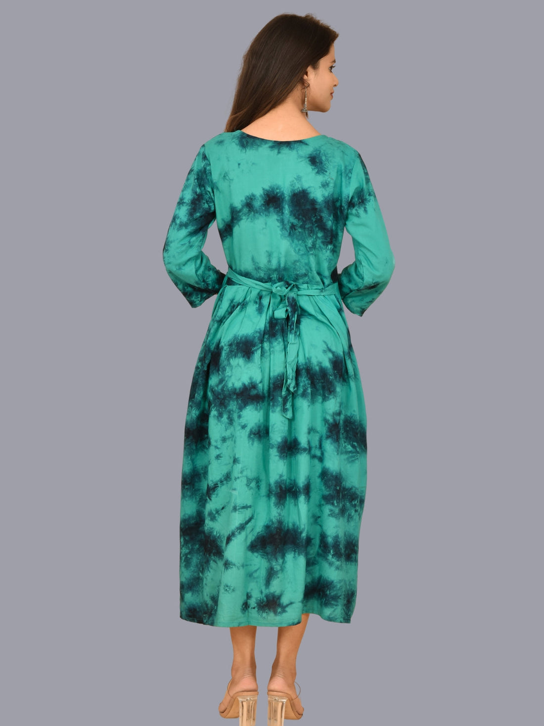 Women Turquoise Tie Dye Long Dress Rayon 3/4 Sleeve Dress