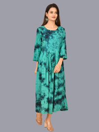 Women Turquoise Tie Dye Long Dress Rayon 3/4 Sleeve Dress