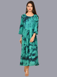 Women Turquoise Tie Dye Long Dress Rayon 3/4 Sleeve Dress