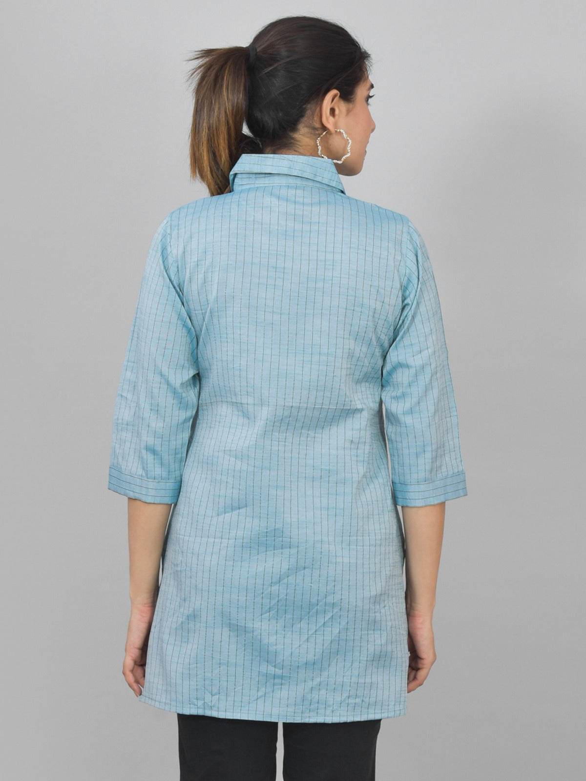 Womens Turquoise Lurex Striped Spread Collar Short Kurti