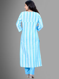 Womens Turquoise South Cotton Patta Striped Kurta