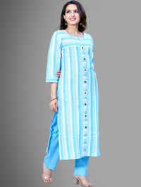 Womens Turquoise South Cotton Patta Striped Kurta