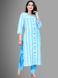 Womens Turquoise South Cotton Patta Striped Kurta