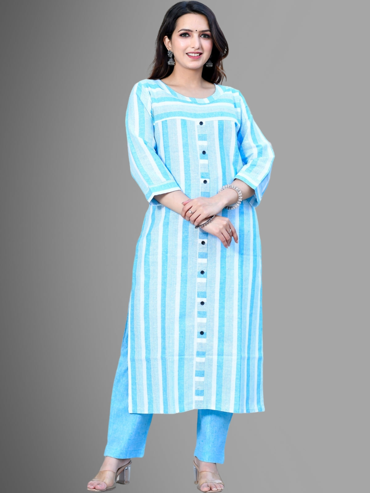 Womens Turquoise South Cotton Patta Striped Kurta