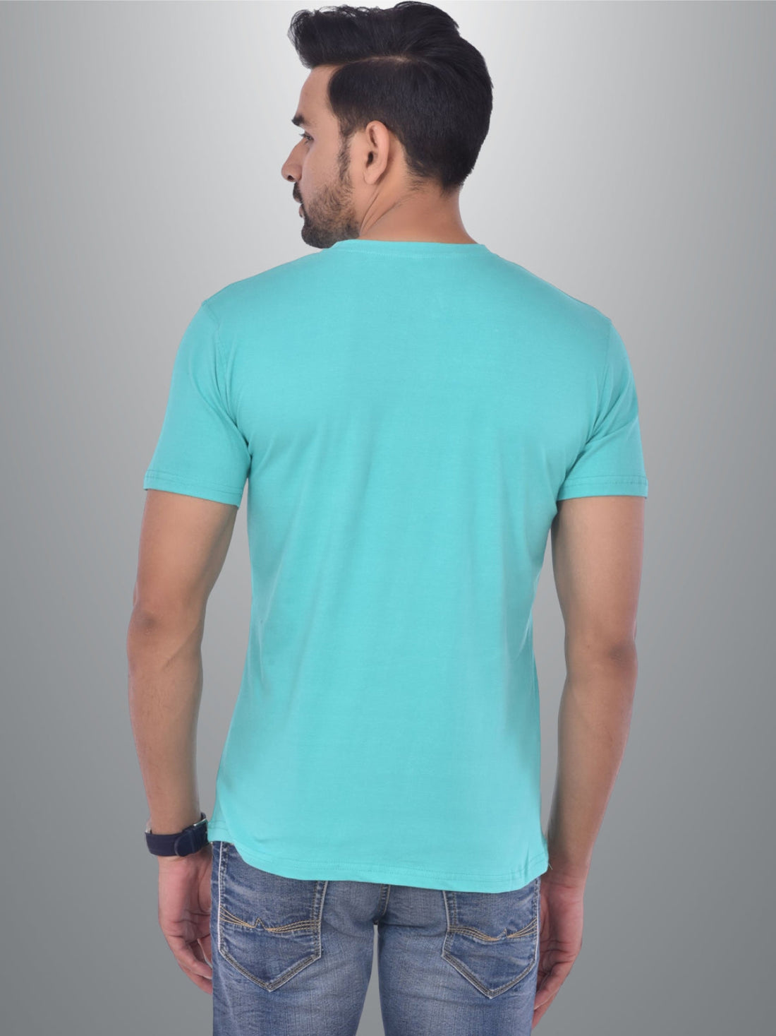 Mens Solid Round Neck  Half Sleeve Cotton Blend Turquoise T-shirt