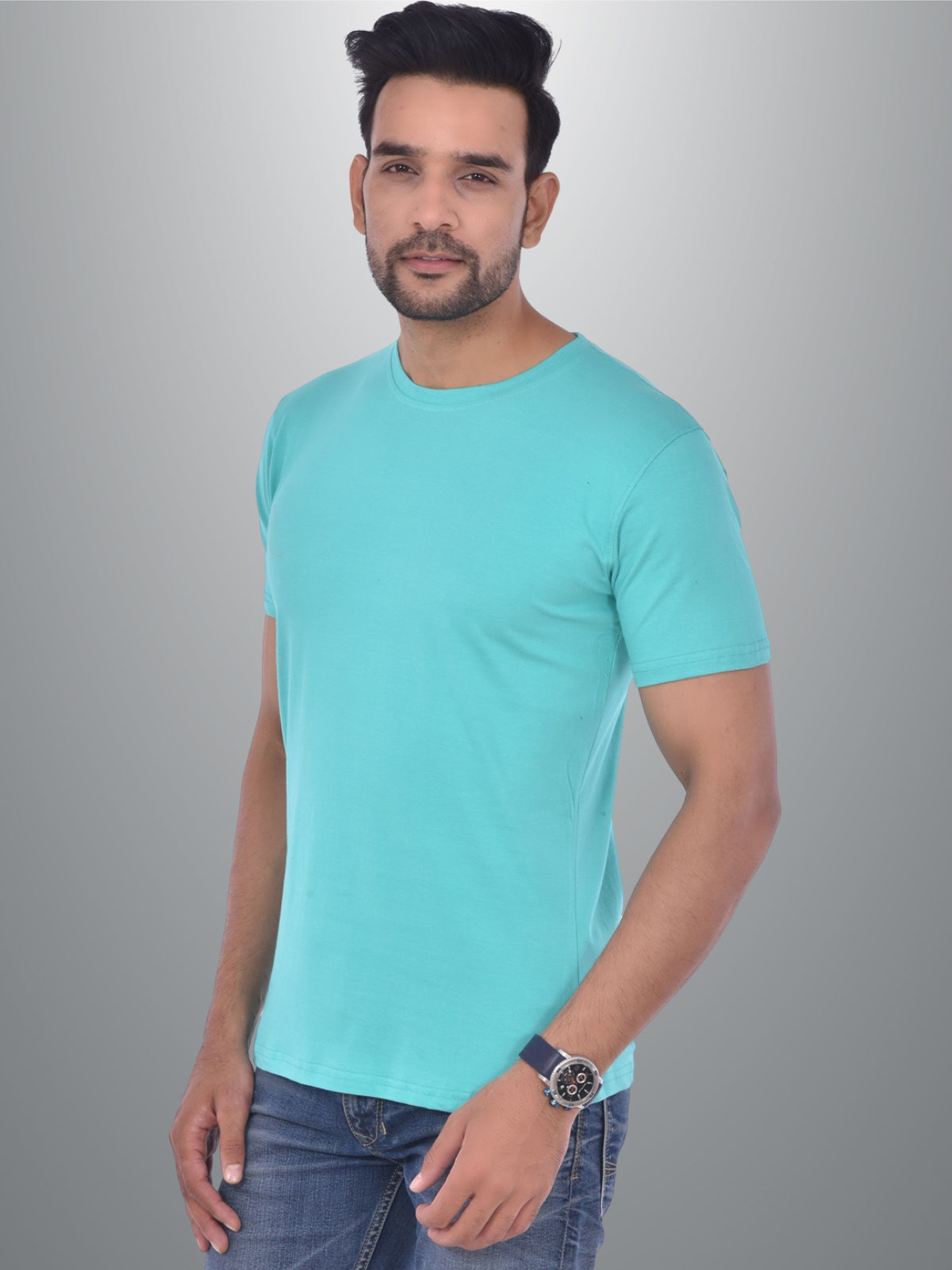 Mens Solid Round Neck  Half Sleeve Cotton Blend Turquoise T-shirt