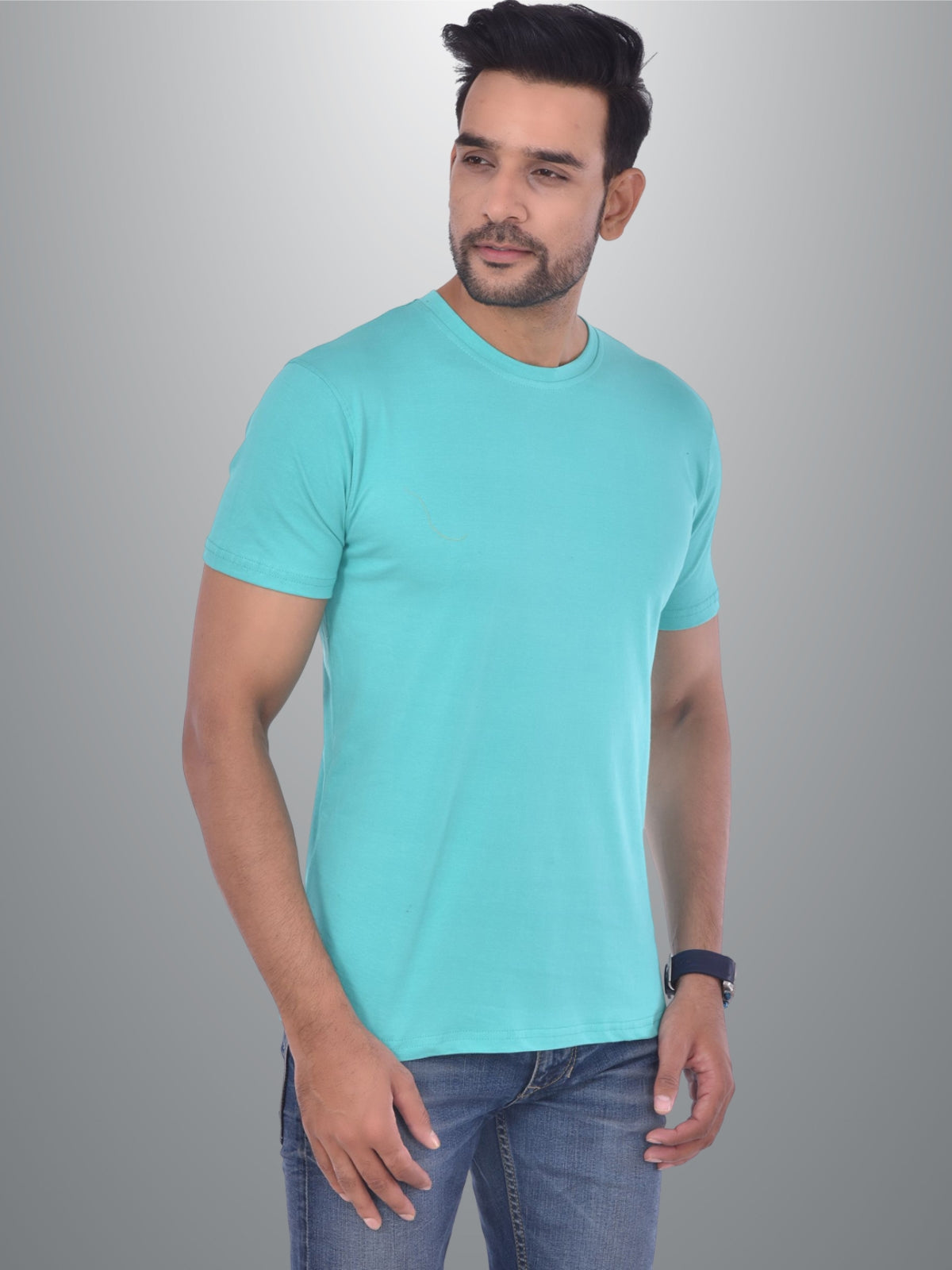 Mens Solid Round Neck  Half Sleeve Cotton Blend Turquoise T-shirt