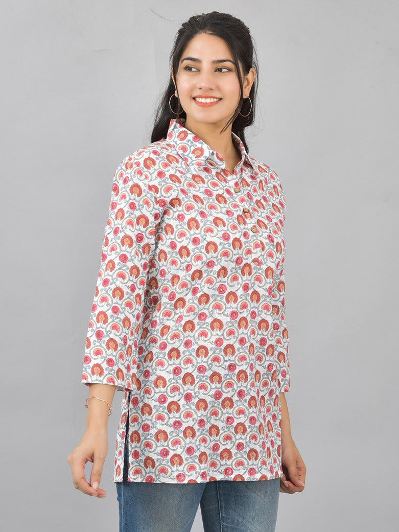 Women White Brown Floral Printed Cotton Spread Collar Short Kurti