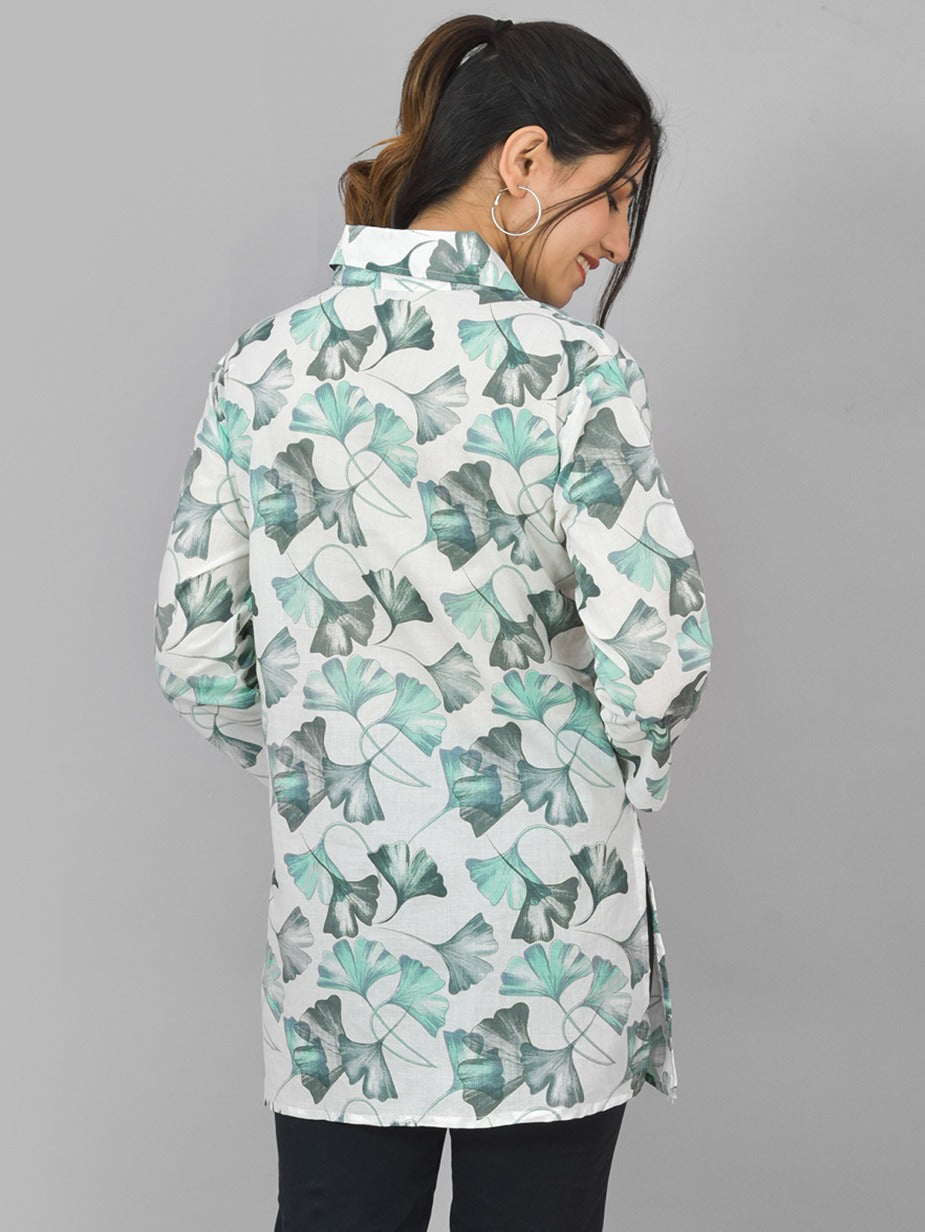 Women White Green Floral Printed Cotton Spread Collar Short Kurti
