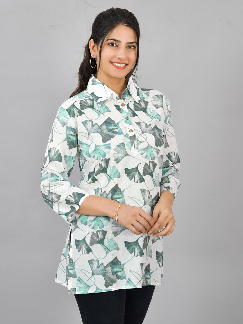 Women White Green Floral Printed Cotton Spread Collar Short Kurti