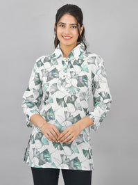 Women White Green Floral Printed Cotton Spread Collar Short Kurti