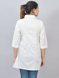 Womens White Lurex Striped Spread Collar Short Kurti