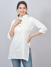 Womens White Lurex Striped Spread Collar Short Kurti