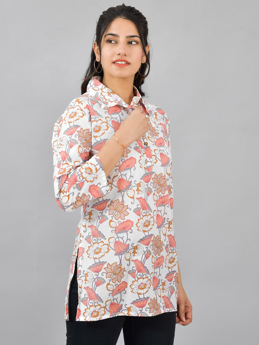Women White Peach Floral Printed Cotton Spread Collar Short Kurti